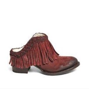Freebird Red Suede Fringe Mule Ankle Boot
